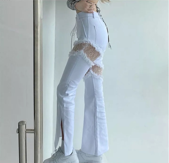 Cute White Lace Hollow Out Side Split High Waist Flare Denim Jeans Pants Trousers Summer Aesthetic Casual E-Girl Kawaii Korean Japanese Harajuku