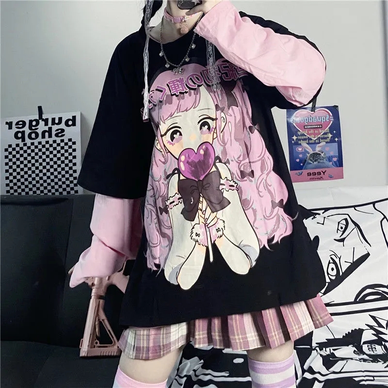 Cute Aesthetic Black Anime Girl Cartoon Print Short Sleeve Shirt Oversized Loose T-shirt Top Goth E-Girl Kawaii Korean Japanese Harajuku Streetwear