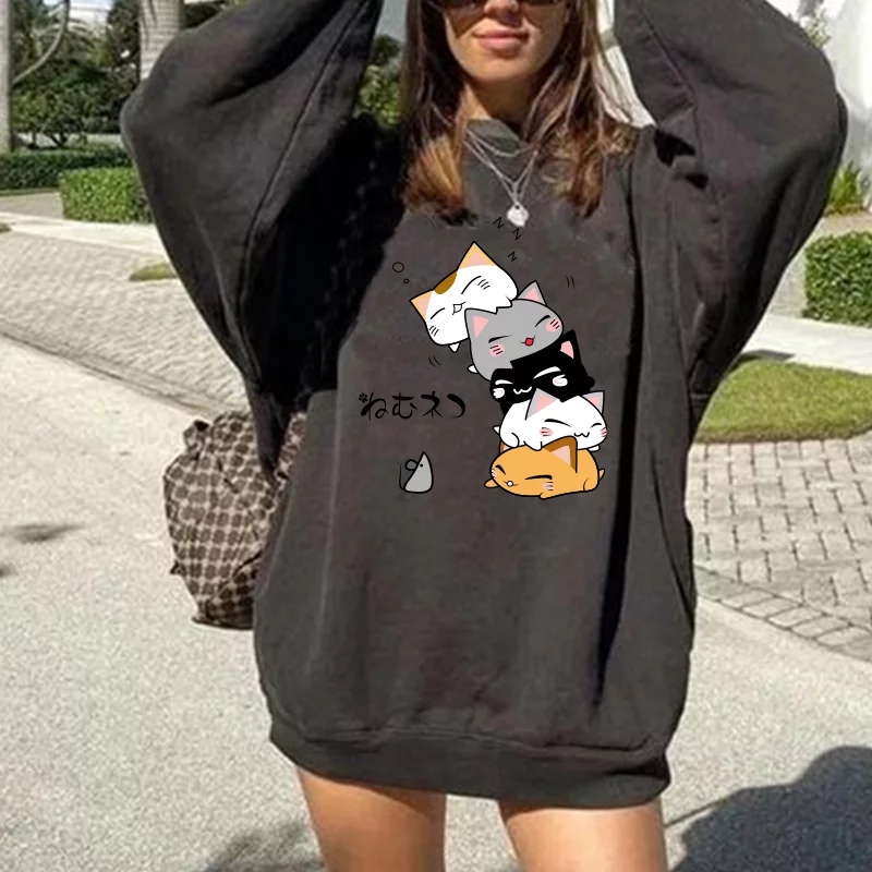 Cute Cat Print Oversized Sweatshirt Pullover Sweater Hoodie Aesthetic Casual E-Girl Kawaii Korean Japanese Harajuku