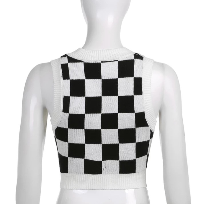 Cute Preppy Argyle Plaid Sweater Vest Sleeveless Knit Crop Top V Neck Shirt Aesthetic Casual Summer E-Girl Kawaii Korean Japanese Harajuku