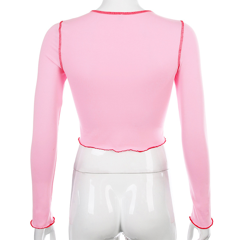 Cute Pink Cherry Fruit Embroidery Crop Top Long Sleeve Shirt T-shirt Causal Tee Summer E-Girl Kawaii Korean Japanese Harajuku Streetwear