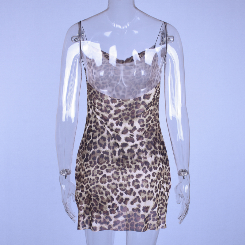 Leopard Print Spaghetti Strap Slit Mesh Mini Dress Summee Party Club E-Girl Kawaii Korean Japanese Harajuku Streetwear