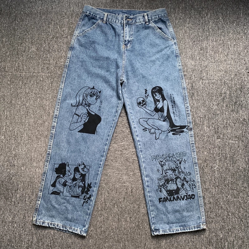 Cute Anime Girl Cartoon Print Denim Jeans Trousers Wide Leg Pants Bottoms Aesthetic Casual Summer E-Girl Kawaii Korean Japanese Harajuku
