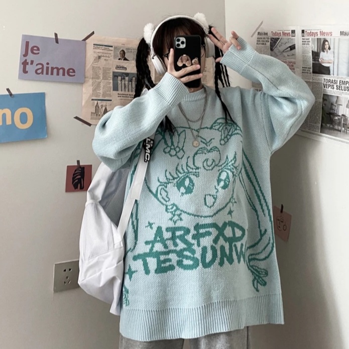 Cute Japanese Anime Girl Knit Long Sleeve Pullover