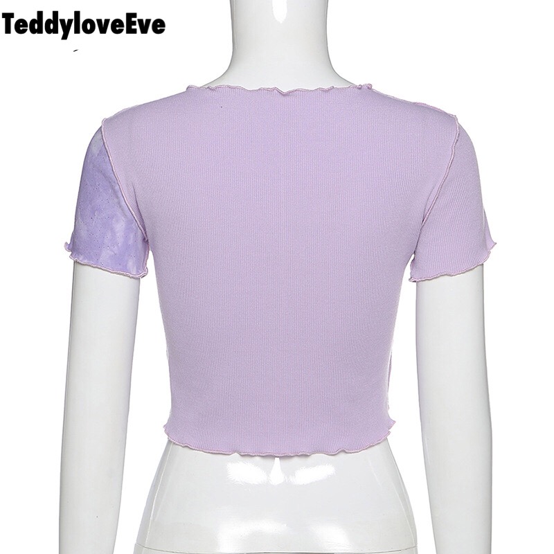 Cute Purple Sequin Ruffle Hem Patchwork Sexy Crop Top Short Sleeve Shirt Tee T-shirt Summer Casual E-Girl Kawaii Korean Japanese Harajuku Streetwear