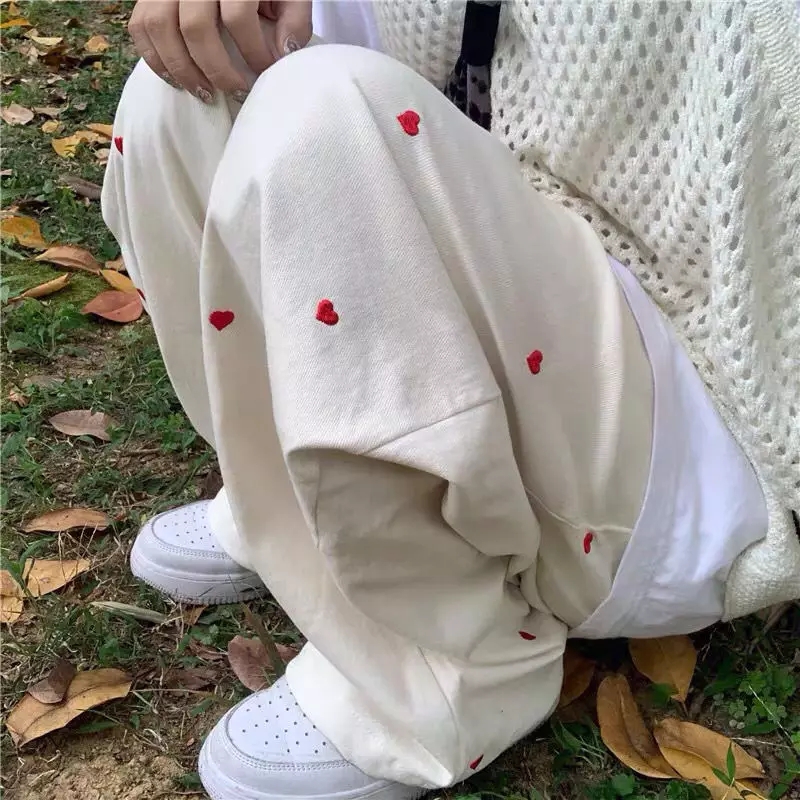 Cute Beige Love Hearts Wide Leg Pants Trouser Bottoms Aesthetic Casual Summer E-Girl Kawaii Korean Japanese Harajuku