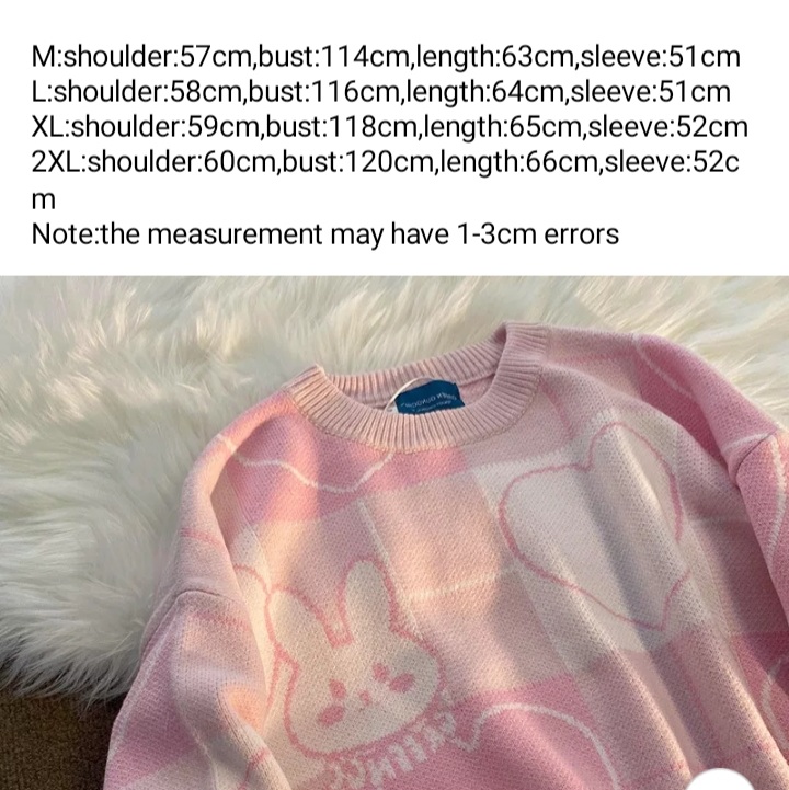 Cute Pink Bunny Rabbit Cartoon Knit Sweater Long Sleeve Pullover Jumper Aesthetic Casual E-Girl Kawaii Korean Japanese Harajuku