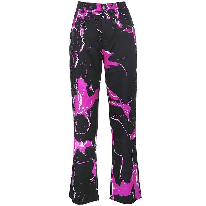 Cute Retro Vintage 90s Funky Lightning High Waisted Cargo Trousers Pants Colorful Print Aesthetic E-Girl Kawaii Korean Japanese Harajuku Streetwear