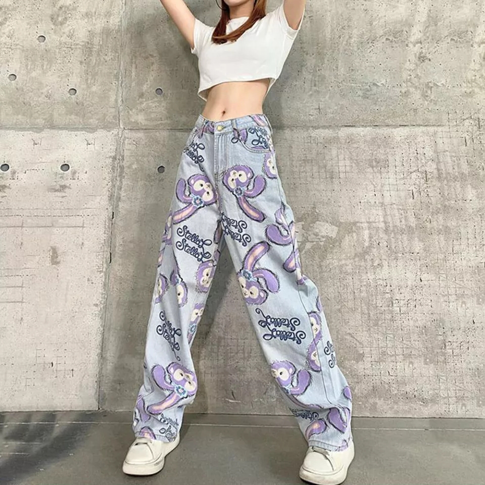 Cute Bunny Rabbit Cartoon Print High Waisted Denim Long Wide Leg Jeans Pants Trouser Aesthetic Casual Summer E-Girl Kawaii Korean Japanese Harajuku