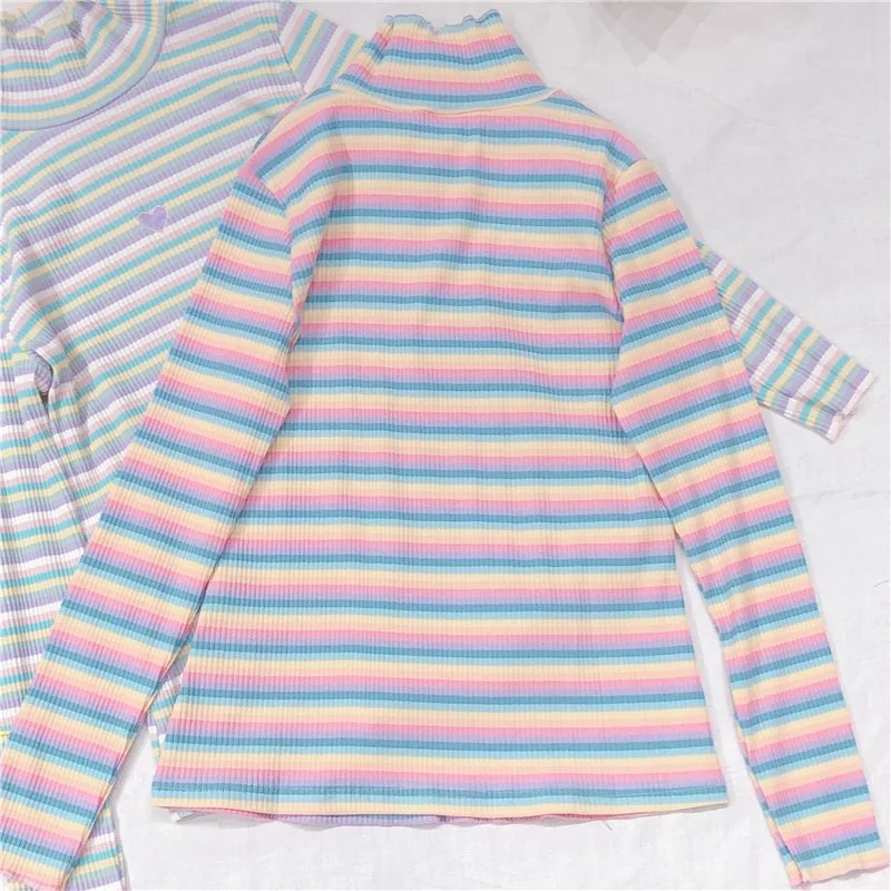 Cute Heart Sweet Rainbow Pastel Turtleneck Stripe Knit Long Sleeve Shirt Top Pullover Sweater E-Girl Kawaii Korean Japanese Harajuku Retro Streetwear