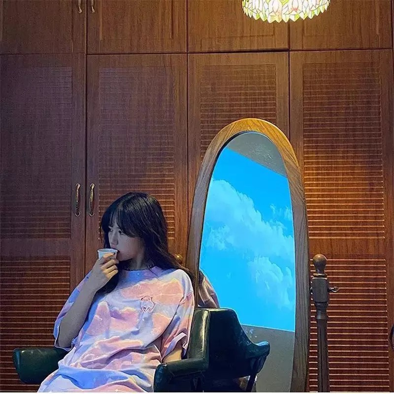 Cute Pastel Aesthetics Clouds Pig Embroidery Vintage Short Sleeve Shirt Oversized Loose T-shirt Top E-Girl Kawaii Korean Japanese Harajuku Streetwear