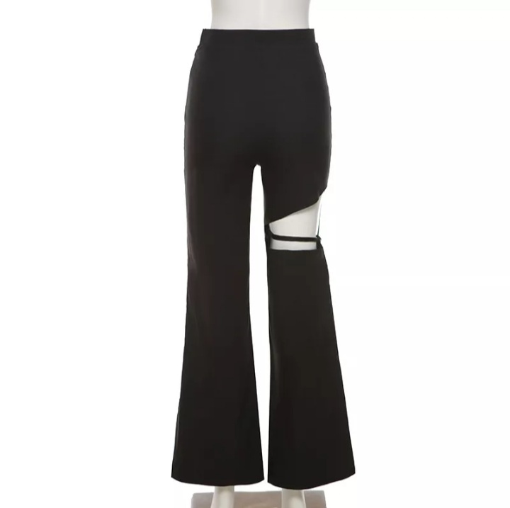 Cute Sexy Black High Waist Flare Trousers Cut Out Hollow Pants Summer Aesthetic Casual E-Girl Kawaii Korean Japanese Harajuku
