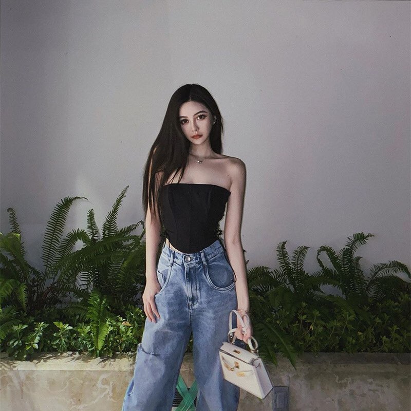 Sexy Black Corset Lace Tie Up Bustier Crop Top Sleeveless Strapless Vest Party Club Aesthetic Goth E-Girl Kawaii Korean Japanese Harajuku Streetwear