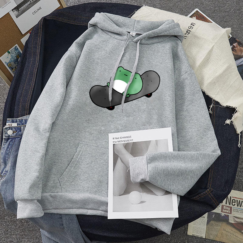 Skateboard Frog Cartoon Casual Loose Oversized Hoodie Sweater Sweatshirt Long Sleeve Pullover E-Girl Kawaii Korean Japanese Harajuku Streetwear
