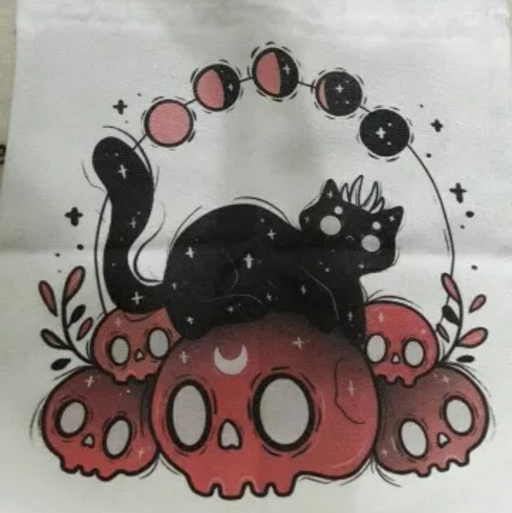 Cute Cat Skull Print Reusable Shopping Bag Canvas Tote Shoulder Bag Aesthetic Casual E-Girl Kawaii Korean Japanese Harajuku