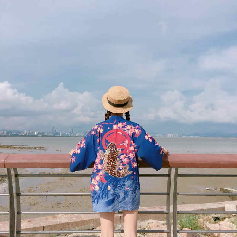 Cute Koi Goldfish Sakura Cherry Blossom Kimono Print Loose Cardigan Blouse Long Sleeve Shirt Top E-Girl Kawaii Korean Japanese Harajuku Streetwear