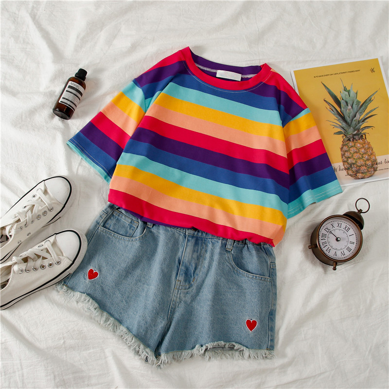 Cute Causal Pastel Rainbow Colorful Stripe Loose Round Neck Short Sleeve Tee Shirt T-shirt Top E-Girl Kawaii Korean Japanese Harajuku Retro Streetwear