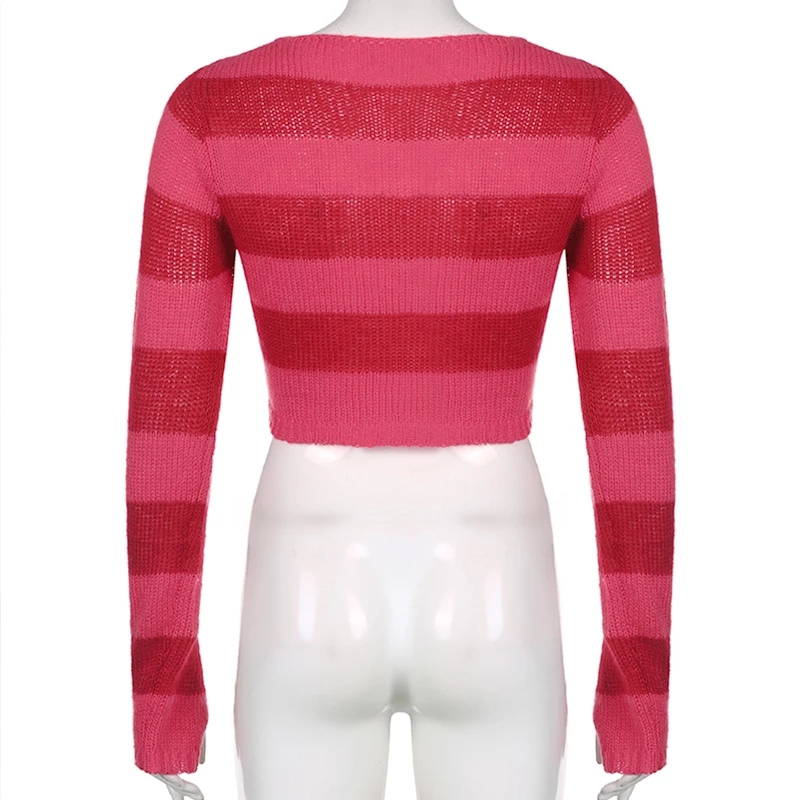 Cute Pink Heart Shape Hollow Out Long Sleeve O-neck Sweater Knit Pullover Aesthetic Casual E-Girl Kawaii Korean Japanese Harajuku