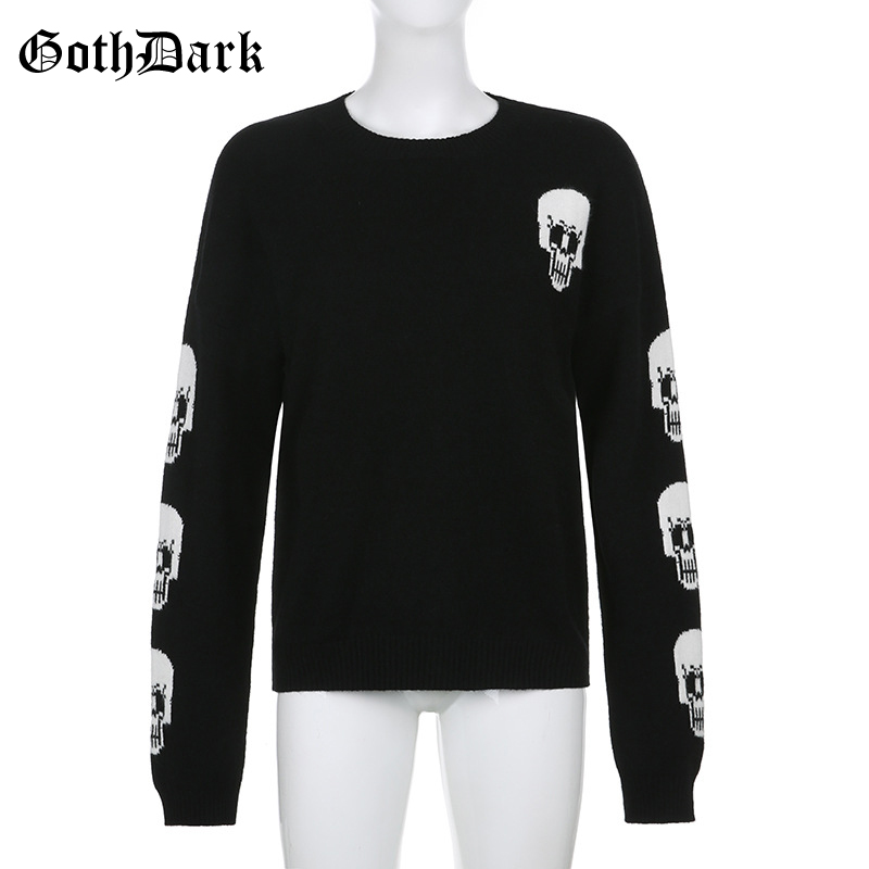 Black Skull Knit Sweater Sweatshirt Crewneck Long Sleeve Pullover Goth Punk Autumn Fall E-Girl Kawaii Korean Japanese Harajuku Streetwear