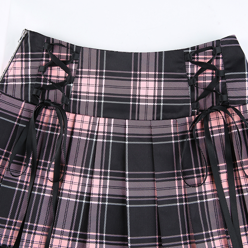 Sexy Lace Up Trim Plaid Pleated Mini Skirt Punk Goth Dark Academia School Girl E-Girl Kawaii Korean Japanese Harajuku Streetwear