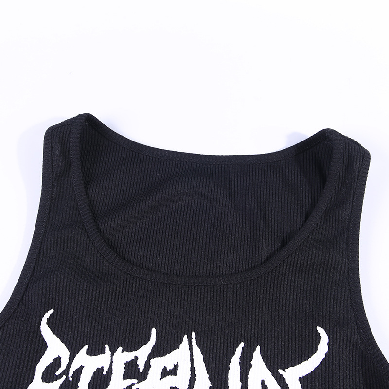 Black Skull Print Knit Ruffle Tank Top Cropped Sleeveless Shirt Causal Goth Punk Causal Summer E-Girl Kawaii Korean Japanese Harajuku Streetwear