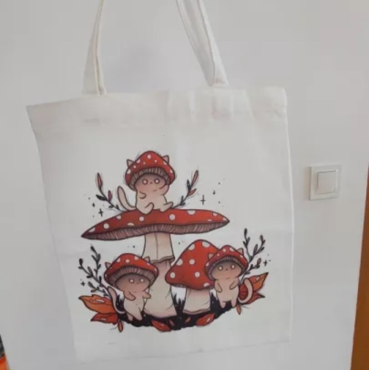 Cute Cat Ghost Mushroom Print Reusable Shopping Bag Canvas Tote Bag Shoulder Bag Aesthetic Casual E-Girl Kawaii Korean Japanese Harajuku