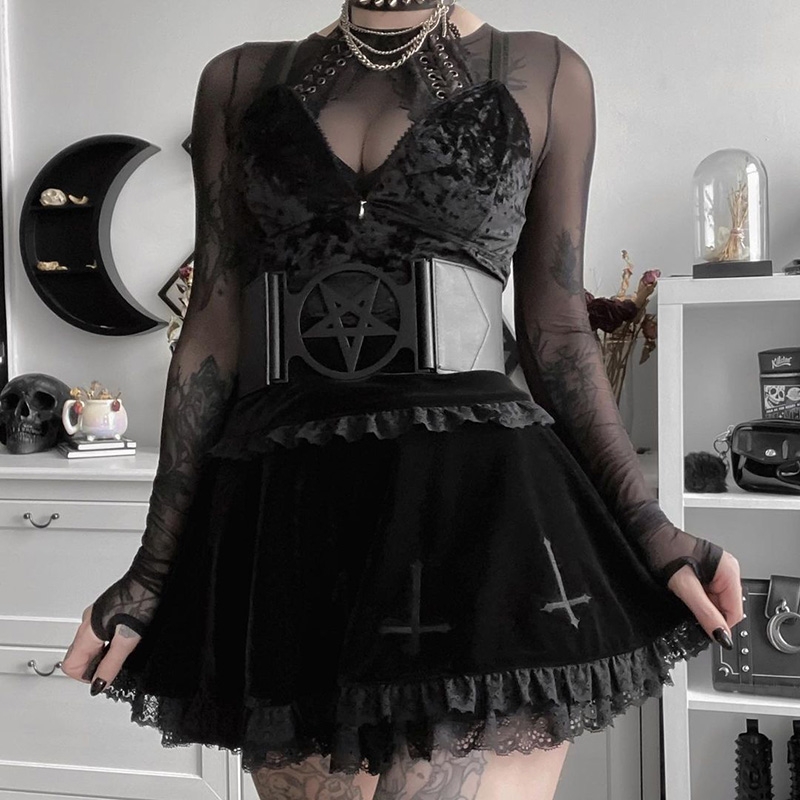 Cute Sexy Goth Black Cross Skirt Vintage Lace Trim A-Line Grunge Punk High Waist Ruffle Summer E-Girl Kawaii Korean Japanese Harajuku Streetwear