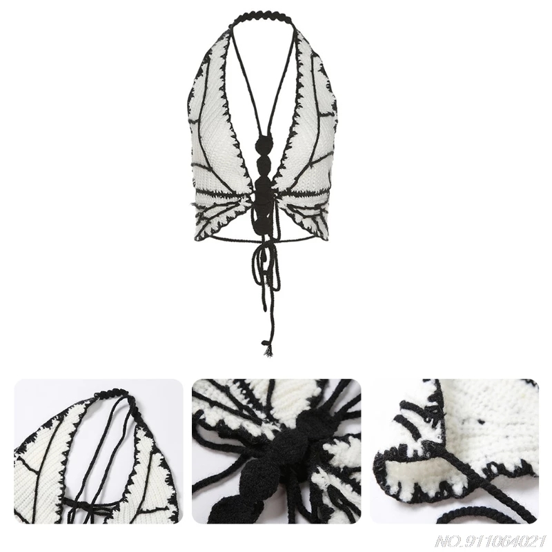 Cute Sexy Butterfly Crochet Halter Sleeveless Shirt Crop Top Camisole Beach Tunic Party Summer Aesthetic Casual E-Girl Kawaii Korean Japanese Harajuku