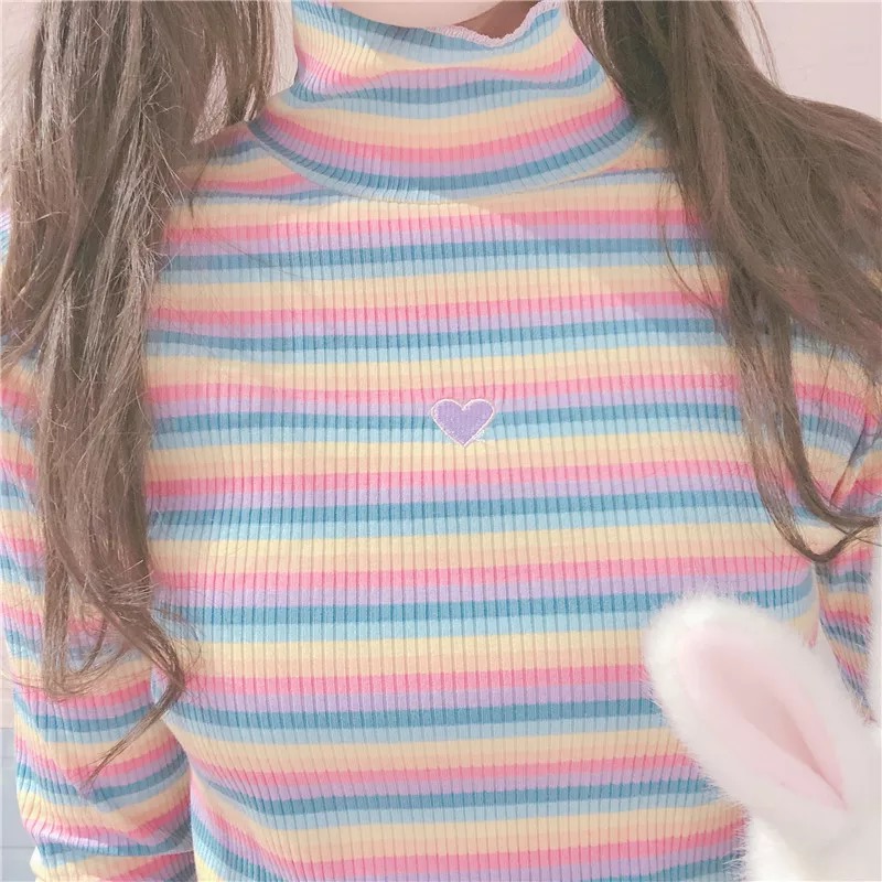Cute Heart Sweet Rainbow Pastel Turtleneck Stripe Knit Long Sleeve Shirt Top Pullover Sweater E-Girl Kawaii Korean Japanese Harajuku Retro Streetwear