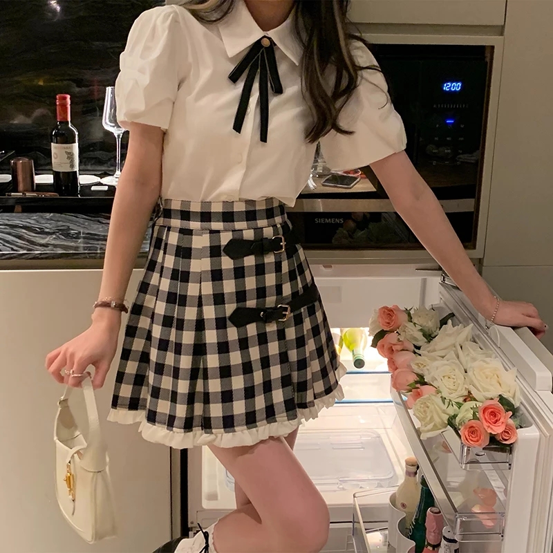 Cute 2pcs Set White Puff Ruffles Sleeve Shirt + Aline Pleated Preppy Mini Skirt Summer Aesthetic Casual E-Girl Kawaii Korean Japanese Harajuku