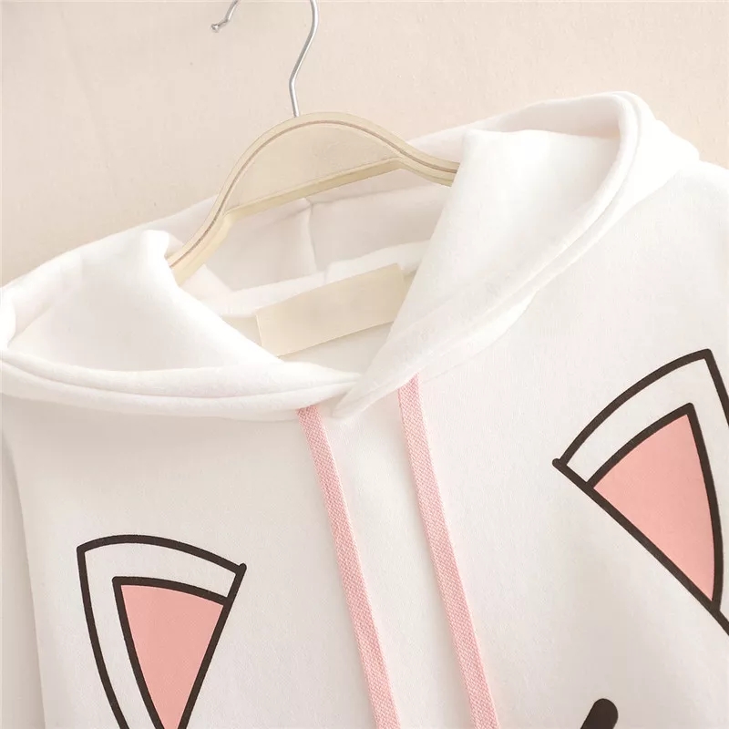 Cute Cat Kitten Ear Cartoon Print Funny Hoodie Long Sleeve Pullover Sweatshirt Aesthetic Casual E-Girl Kawaii Korean Japanese Harajuku