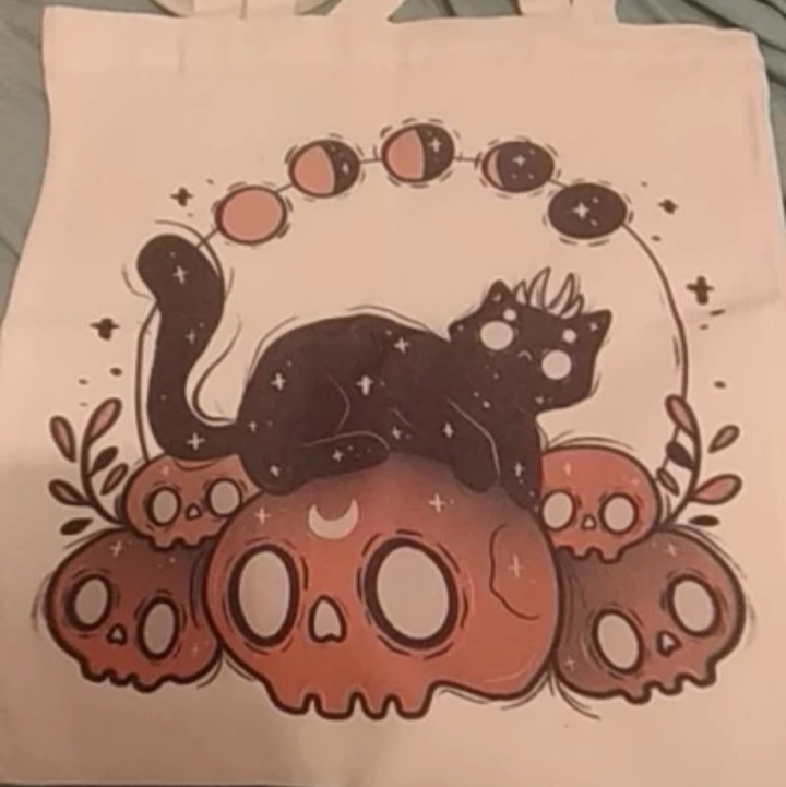 Cute Cat Skull Print Reusable Shopping Bag Canvas Tote Shoulder Bag Aesthetic Casual E-Girl Kawaii Korean Japanese Harajuku