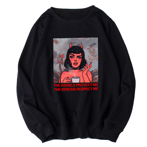 Cute Angel Demon Girl Print Sweater Pullover Hoodie Long Sleeve Top Shirt Sweatshirt E-Girl Kawaii Korean Japanese Harajuku Retro Streetwear Aesthetic