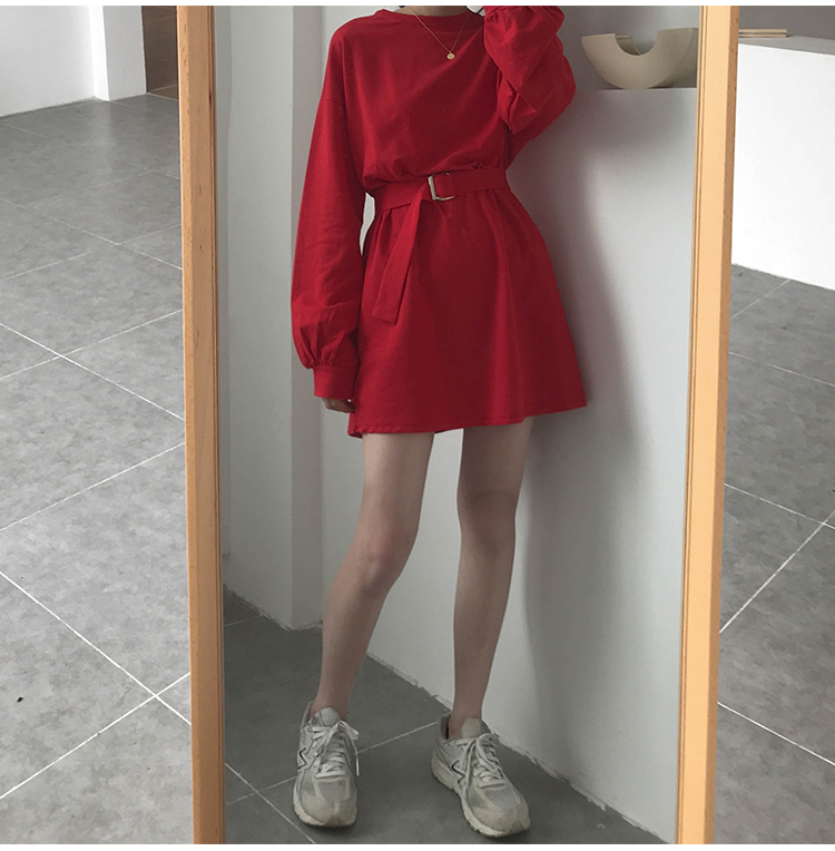 Cute Solid Color Long Sleeve T-shirt Shirt Dress With Belt Loose Oversized Woman Spring Autumn E-Girl Kawaii Korean Japanese Harajuku Retro Streetwear