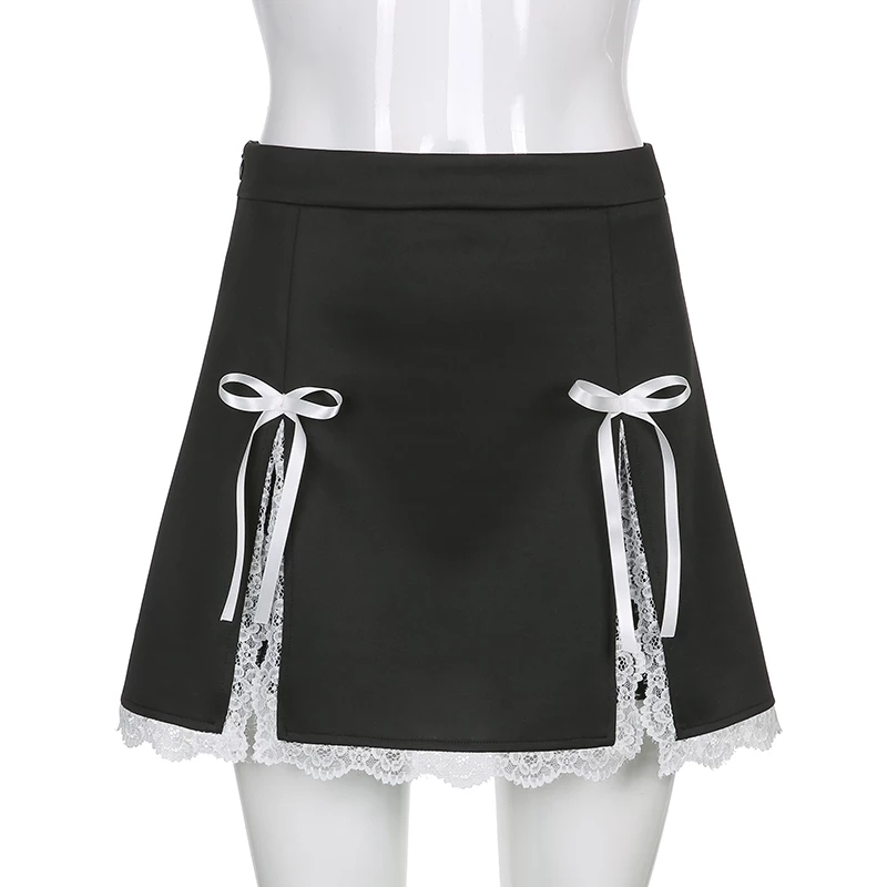 Cute Black Maid Lace Trim Mini Skirt 90s Party Summer Aesthetic Casual E-Girl Kawaii Korean Japanese Harajuku