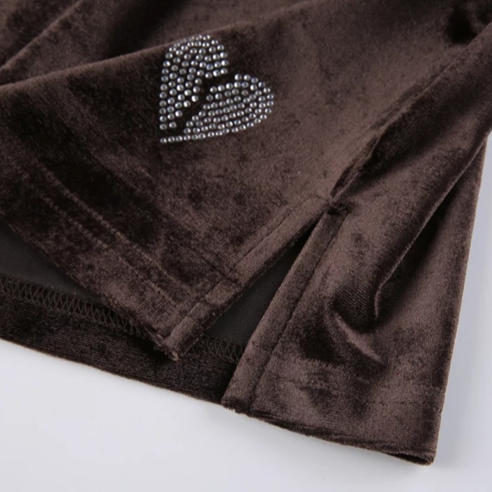 Cute Sexy Brown Rhinestone Crystal Heart Velvet Slit Low Waisted Mini Skirt Bottoms Aesthetic Casual Summer E-Girl Kawaii Korean Japanese Harajuku