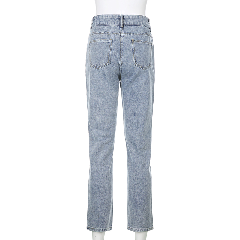 Cute Sweet Vintage Cherry Embroidery Light Washed Blue Denim Jeans High Waisted Cargo Slim Bottom E-Girl Kawaii Korean Japanese Harajuku Streetwear