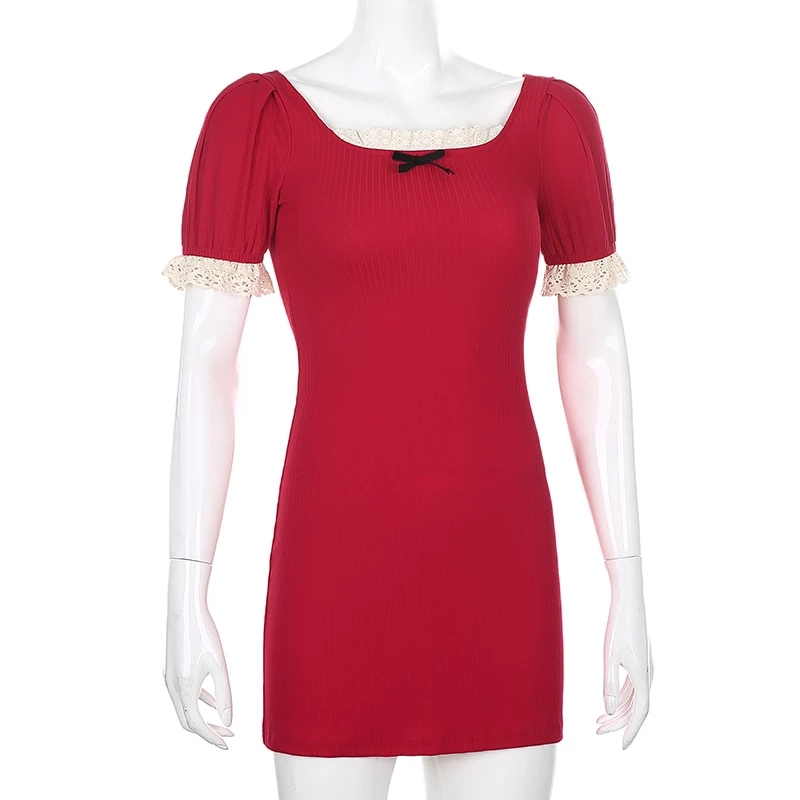 Cute Summer Square Neck Lace Patchwork Elegant Bodycon Short Sleeve Mini Dress Aesthetic Casual E-Girl Kawaii Korean Japanese Harajuku