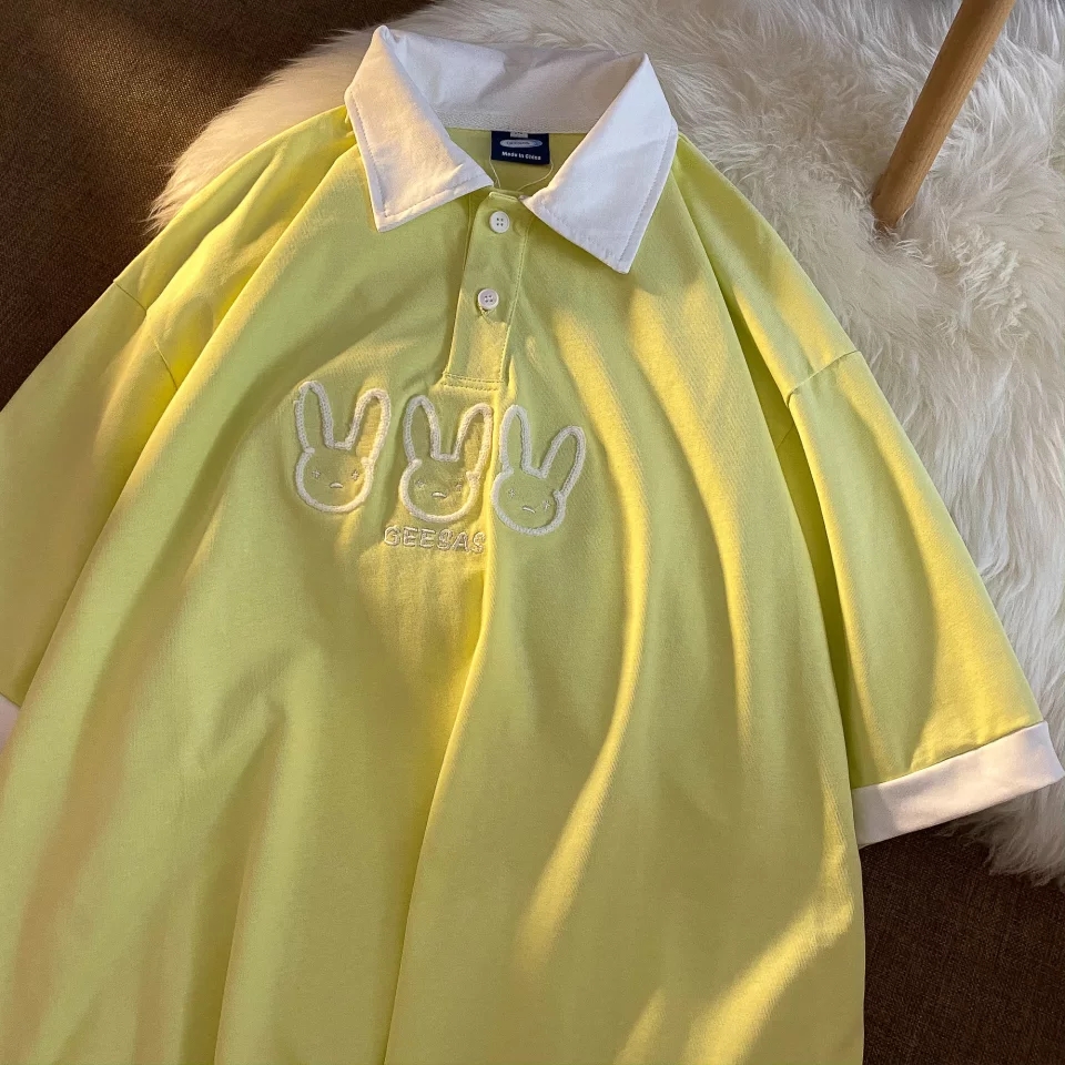 Cute Pastel Bunny Rabbit Embroidery Polo Short Sleeve T- Shirt Top Aesthetic Casual Summer E-Girl Kawaii Korean Japanese Harajuku