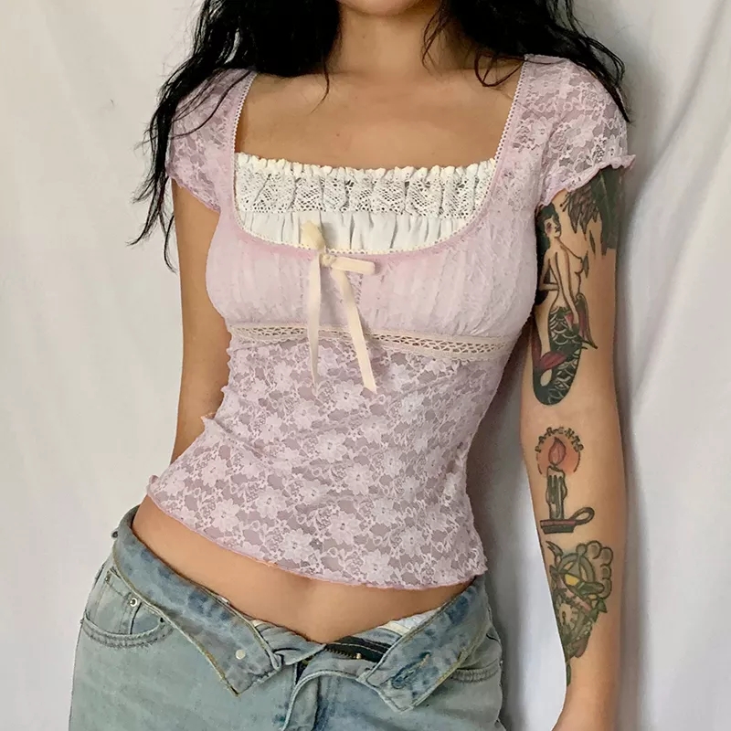 Cute Sweet Pink Lace Trim Short Sleeve Shirt Crop Top Summer Aesthetic Casual E-Girl Kawaii Korean Japanese Harajuku