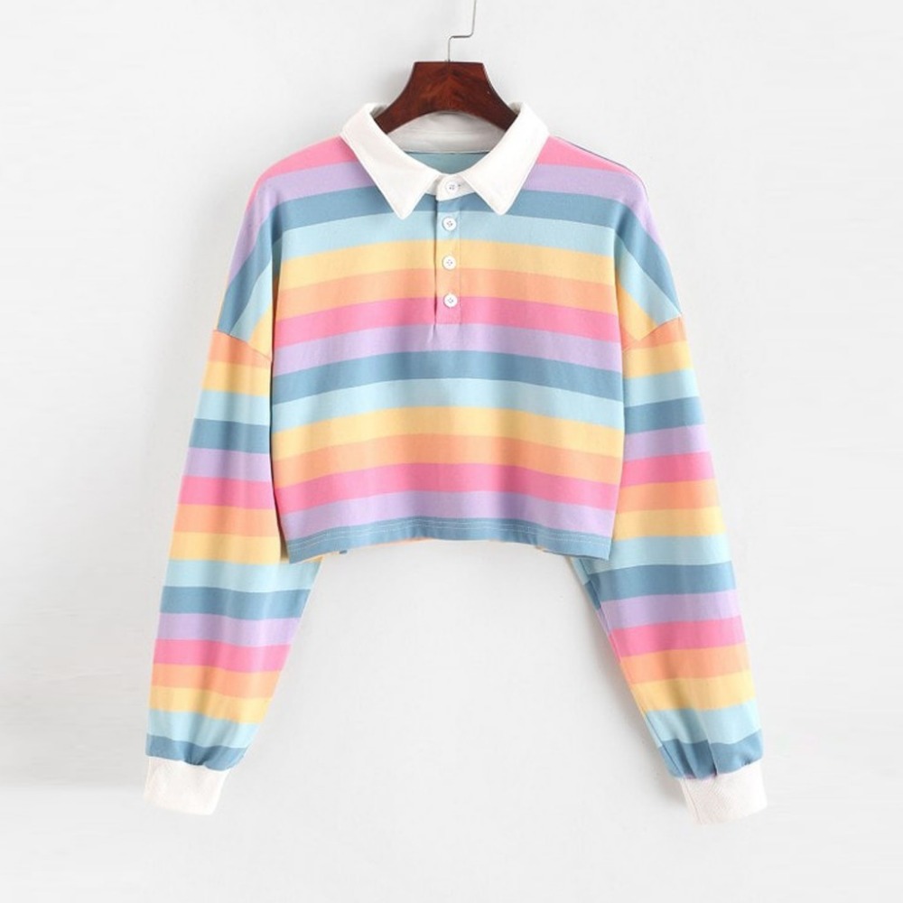 Cute 90s Rainbow Butron Crop Top Sweatshirt Sweater Oversized Hoodies Long Sleeve Shirt Top E-Girl Kawaii Korean Japanese Harajuku Retro Streetwear