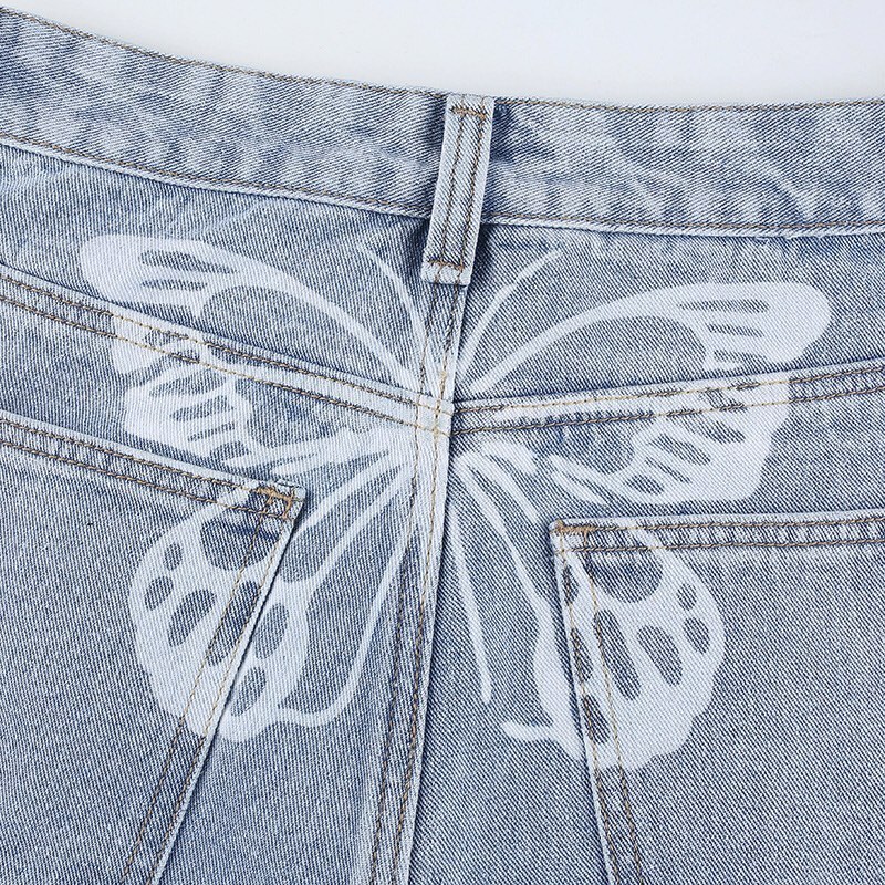 Cute 90s Buttery Print Casual Baggy Straight High Waist Mom Blue Denim Jean Bottom Pant Aesthetic E-Girl Kawaii Korean Japanese Harajuku Streetwear