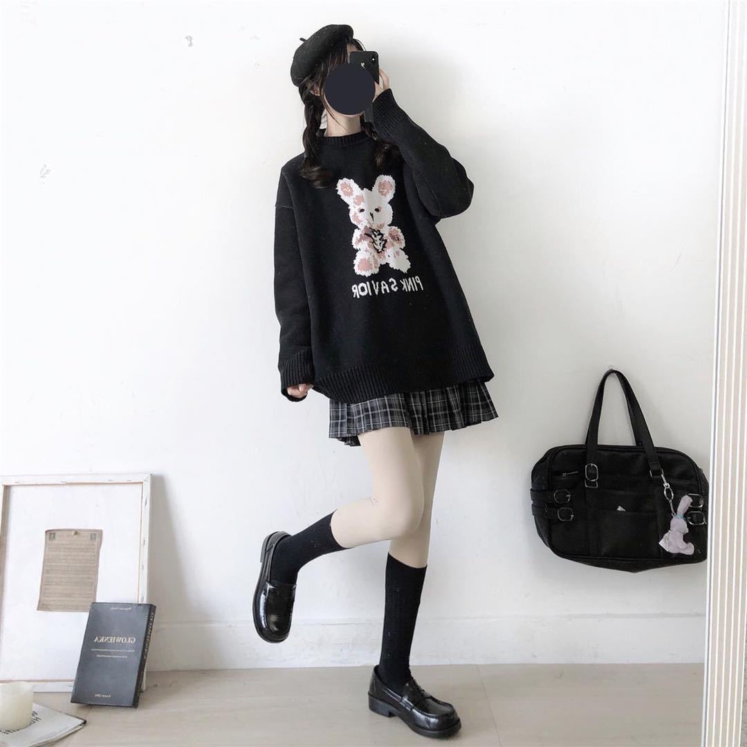 Bunny Knit Casual Sweater Sweatshirt Loose Jumper Long Sleeve Pullover Top Punk Goth E-Girl Kawaii Korean Japanese Harajuku Streetwear