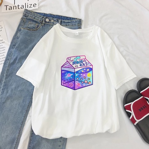Cute Japanese Galaxy Milk Carton Print Graphic Casual Short Sleeve Shirt Tee T-shirt E-Girl Kawaii Korean Japanese Harajuku Retro Streetwear Aesthetic