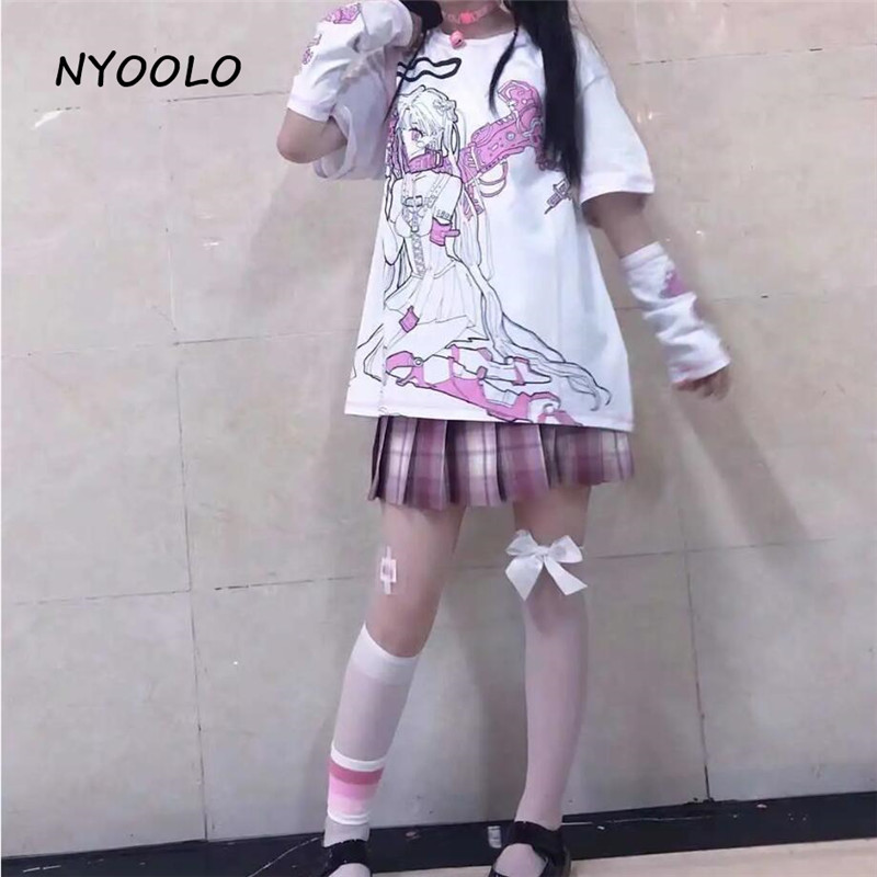 Angel Steampunk Anime Girl Cartoon Print Loose Short Sleeve T-shirt Top Summer Causal Goth Punk E-Girl Kawaii Korean Japanese Harajuku Streetwear