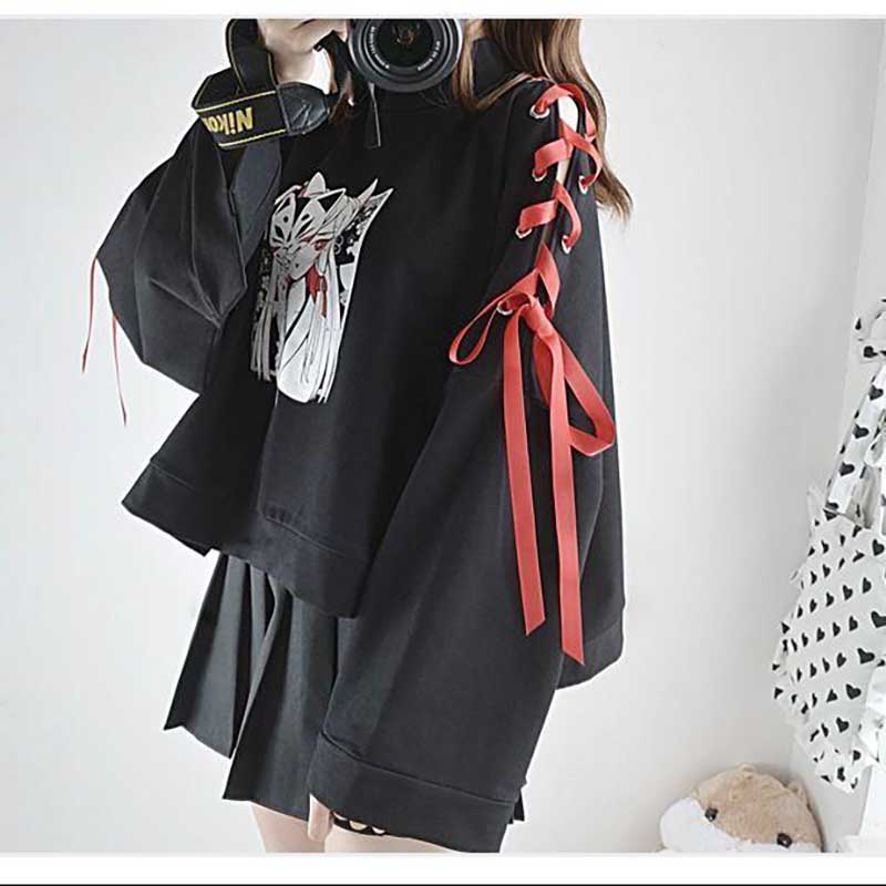 Cute Vintage Anime Fox Print Lace Up Long Sleeve Shirt Hoodie Sweatshirt Top Punk Goth E-Girl Kawaii Korean Japanese Harajuku Streetwear