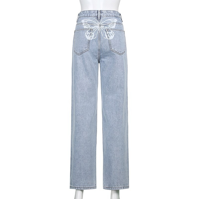 Cute 90s Buttery Print Casual Baggy Straight High Waist Mom Blue Denim Jean Bottom Pant Aesthetic E-Girl Kawaii Korean Japanese Harajuku Streetwear