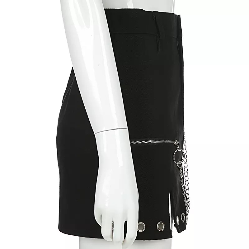 Sexy Black Goth Punk Demin Metal Chain Patchwork High Waisted Mini Skirt Zipper Split A-line E-Girl Kawaii Korean Japanese Harajuku Retro Streetwear