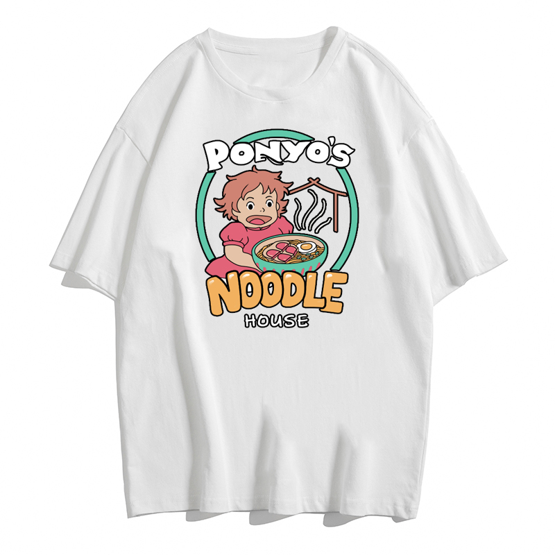 Vintage Anime Ramen Noodle Cartoon Print Loose White Short Sleeve Short T-shirt Top Causal Summer E-Girl Kawaii Korean Japanese Harajuku Streetwear