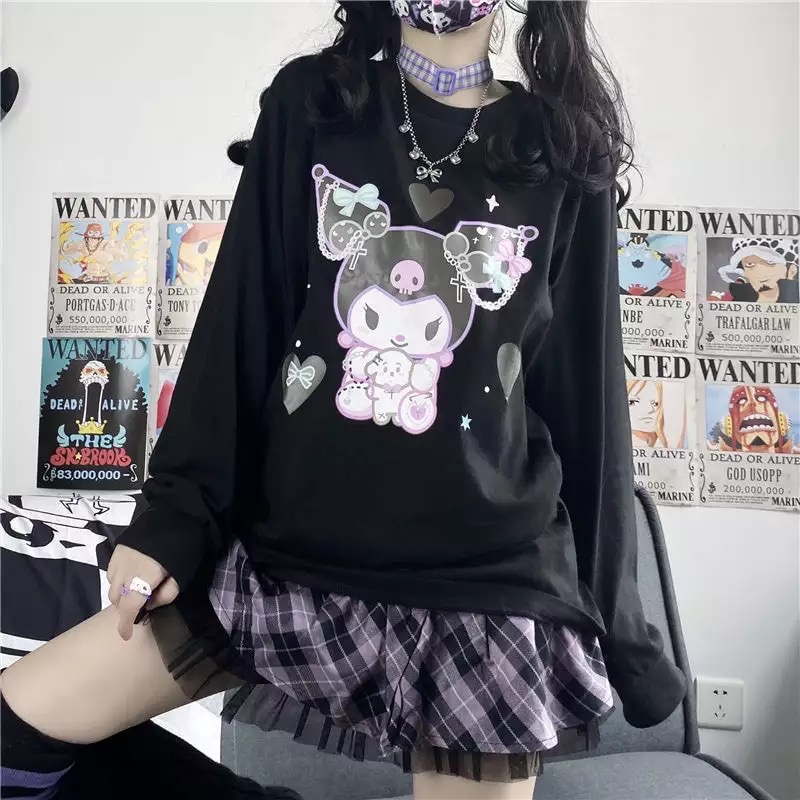 Cute Black Japanese Anime Cartoon Print Loose Oversize Long Sleeve T-shirt